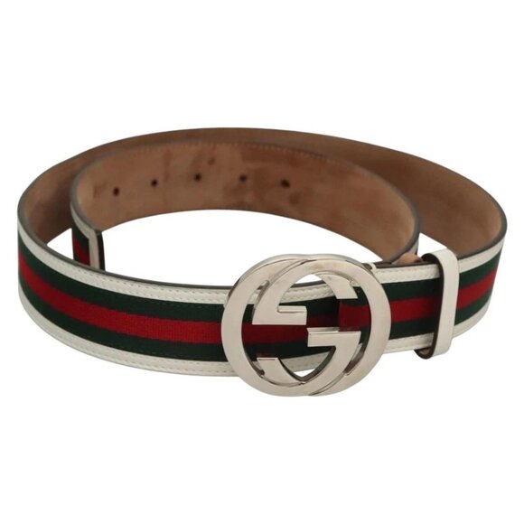 GUCCI Interlocking Web Sherry Line Belt Leather 43.3"" Green 114984 Auth sw1219 - Picture 1 of 11